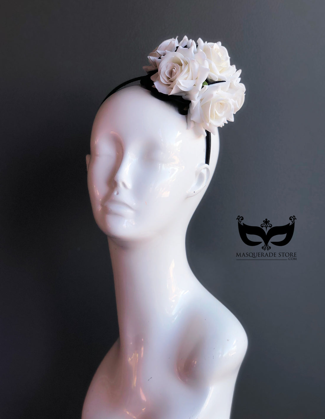 White rose headband with floral crown design, elegant bridal fascinator hair accessory.