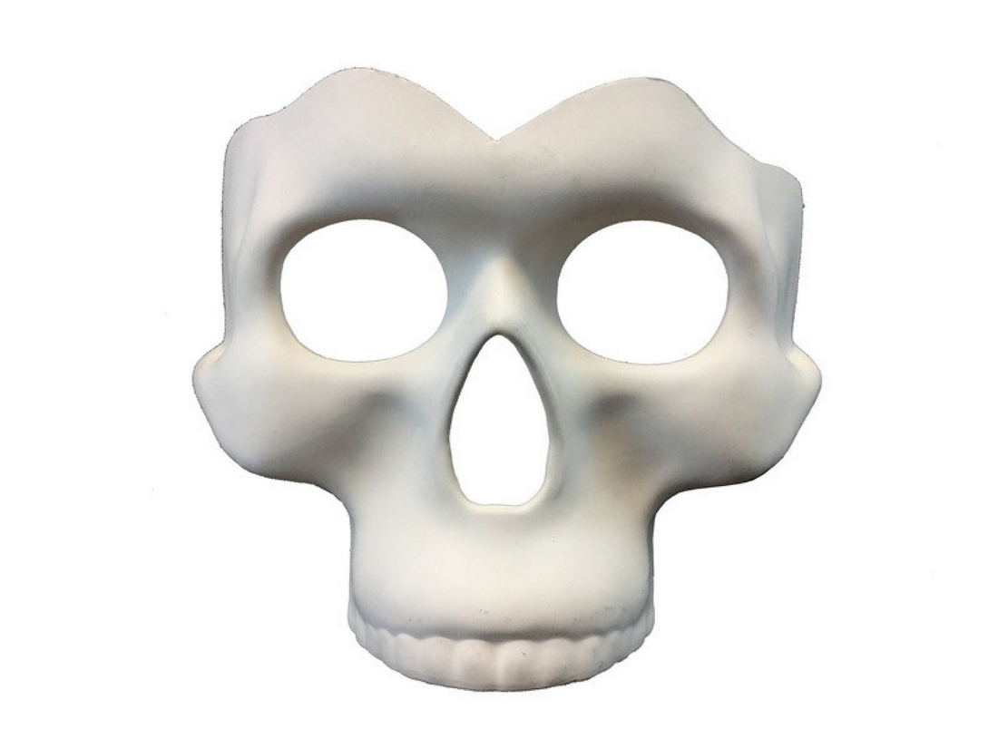 White skull masquerade mask with hollow eye sockets and teeth, ideal for Halloween, Carnival, Day of the Dead, and gothic costumes.