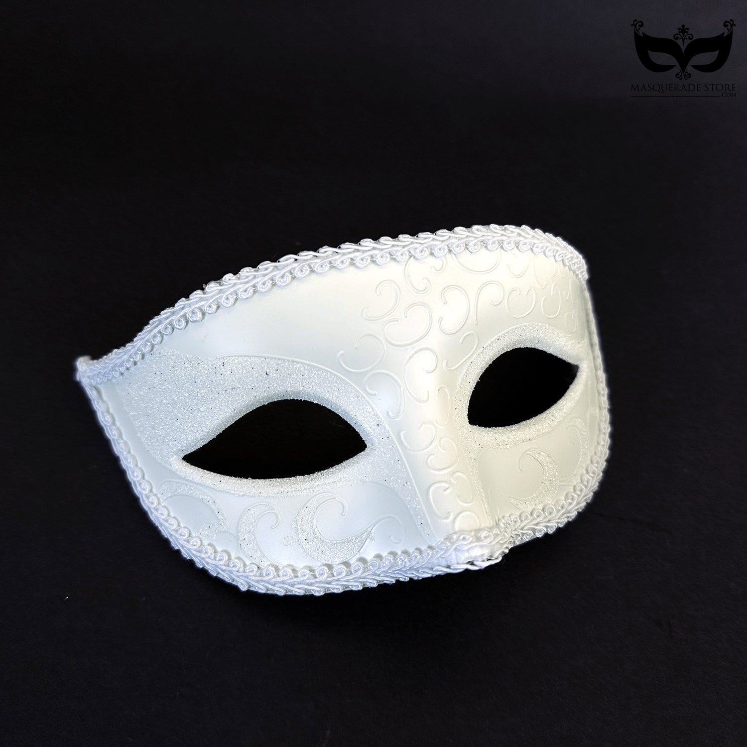 Elegant white Venetian masquerade mask with scroll detailing, perfect for weddings, proms, and masquerade balls
