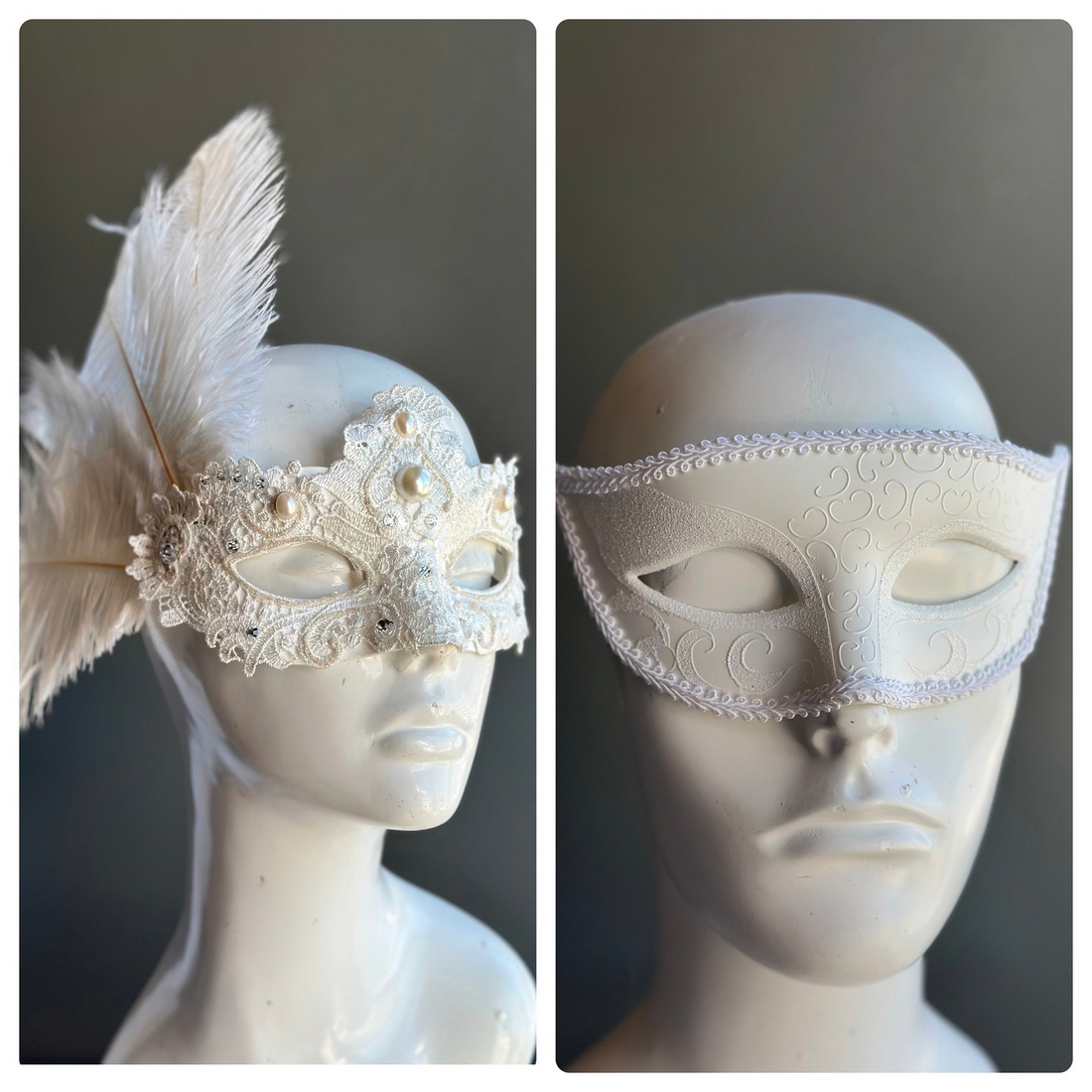 White masquerade couples mask set with lace feather pearl women’s mask and embossed swirl men’s mask.