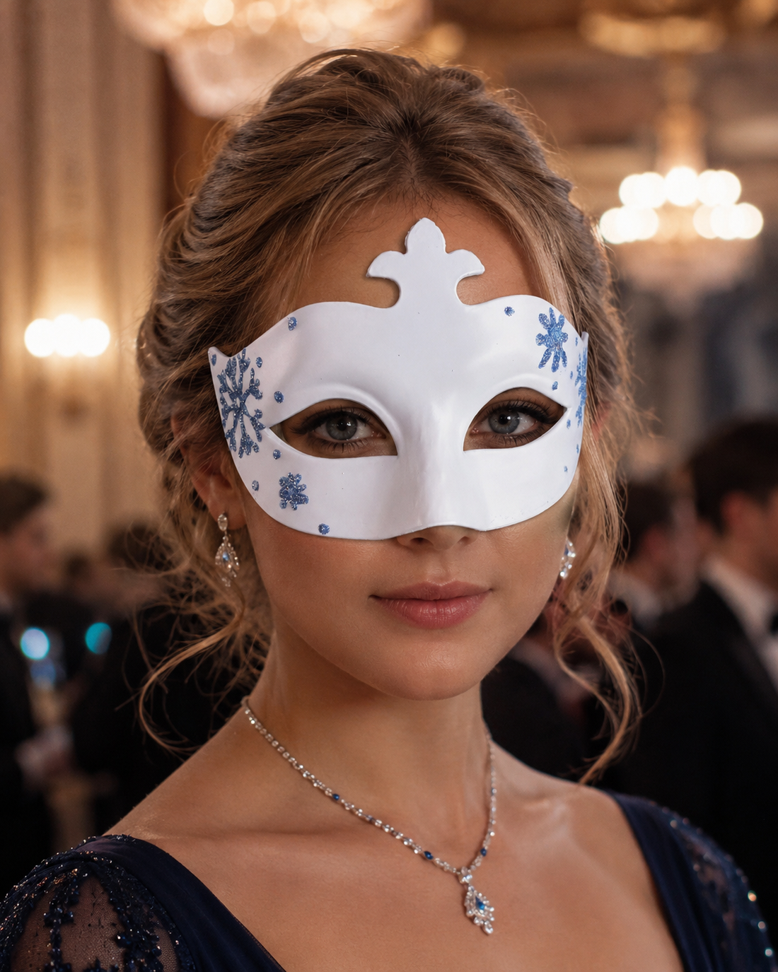 White Winter Enchantment women’s masquerade mask with blue glitter snowflake accents and crown-inspired top detail.