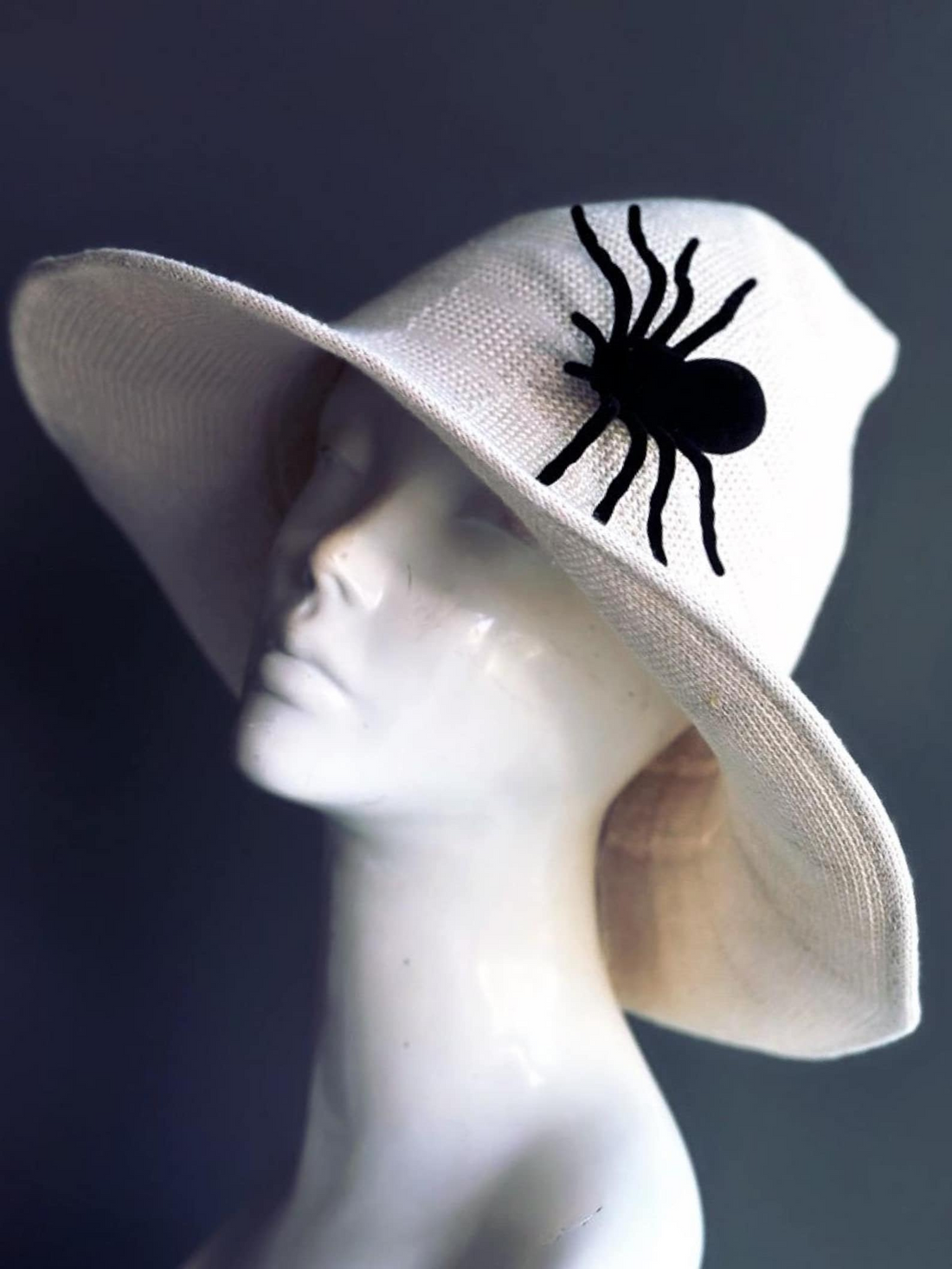 White witch hat with black spider detail for Halloween and gothic costumes.