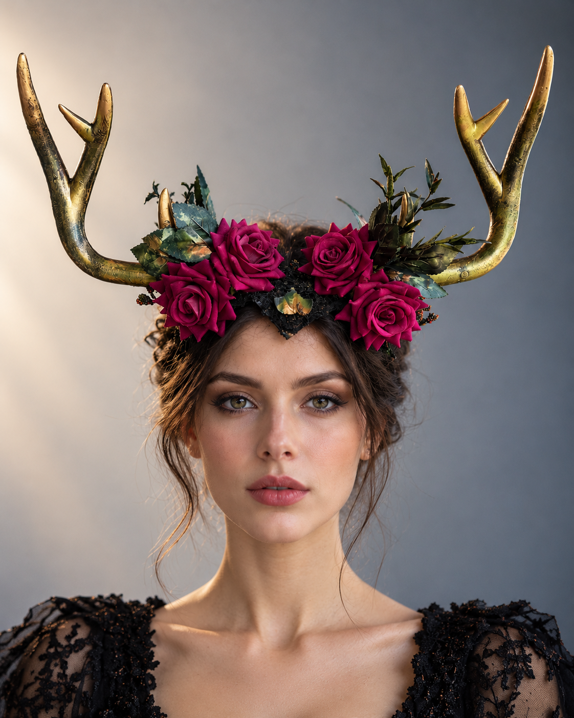 Wildwood Rose Antler Crown with tall antique gold and moss-green deer antlers, four magenta-burgundy roses, dark foliage, and woodland accents.