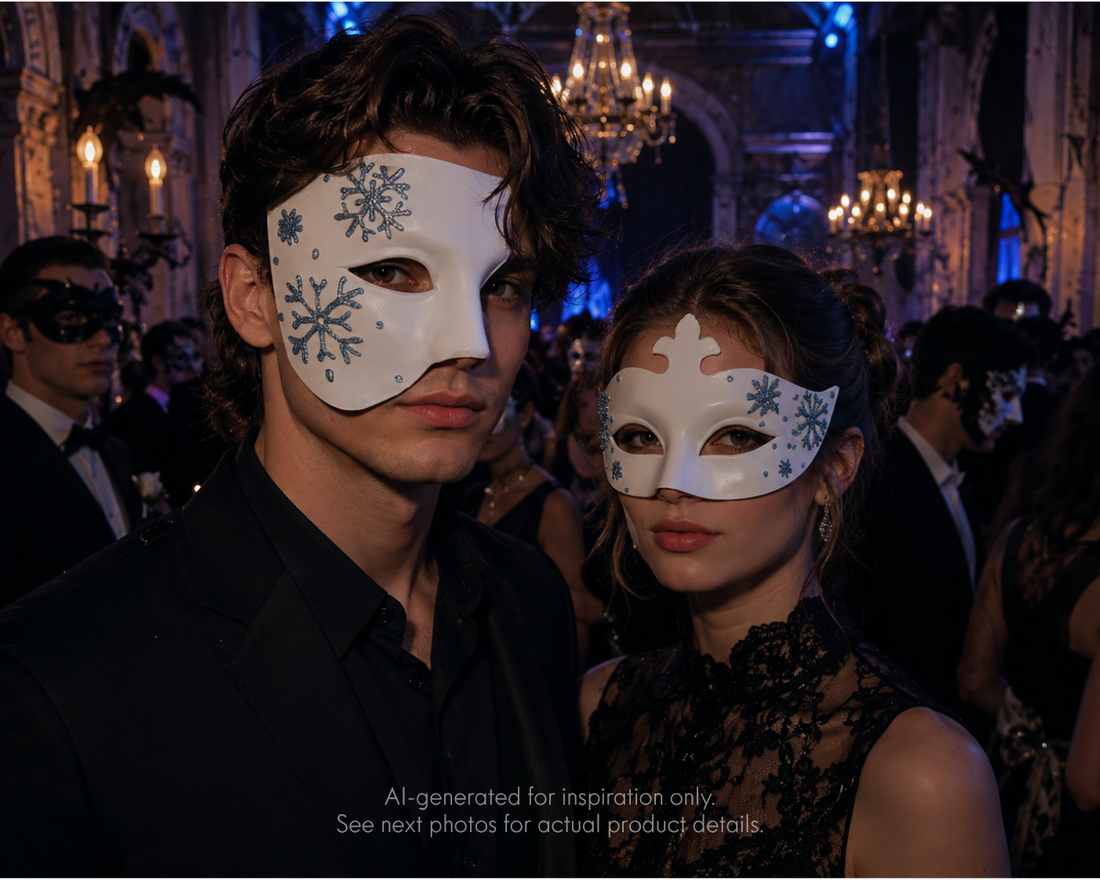 White couples masquerade mask set with icy blue glitter snowflake details, phantom style men’s mask and women’s half-face mask.