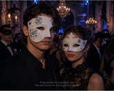 White couples masquerade mask set with icy blue glitter snowflake details, phantom style men’s mask and women’s half-face mask.