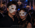 White couples masquerade mask set with icy blue glitter snowflake details, phantom style men’s mask and women’s half-face mask.
