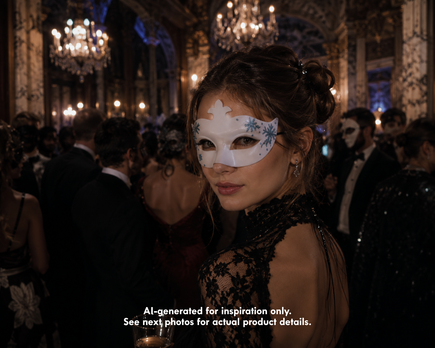 White Winter Enchantment women’s masquerade mask with blue glitter snowflake accents and crown-inspired top detail.