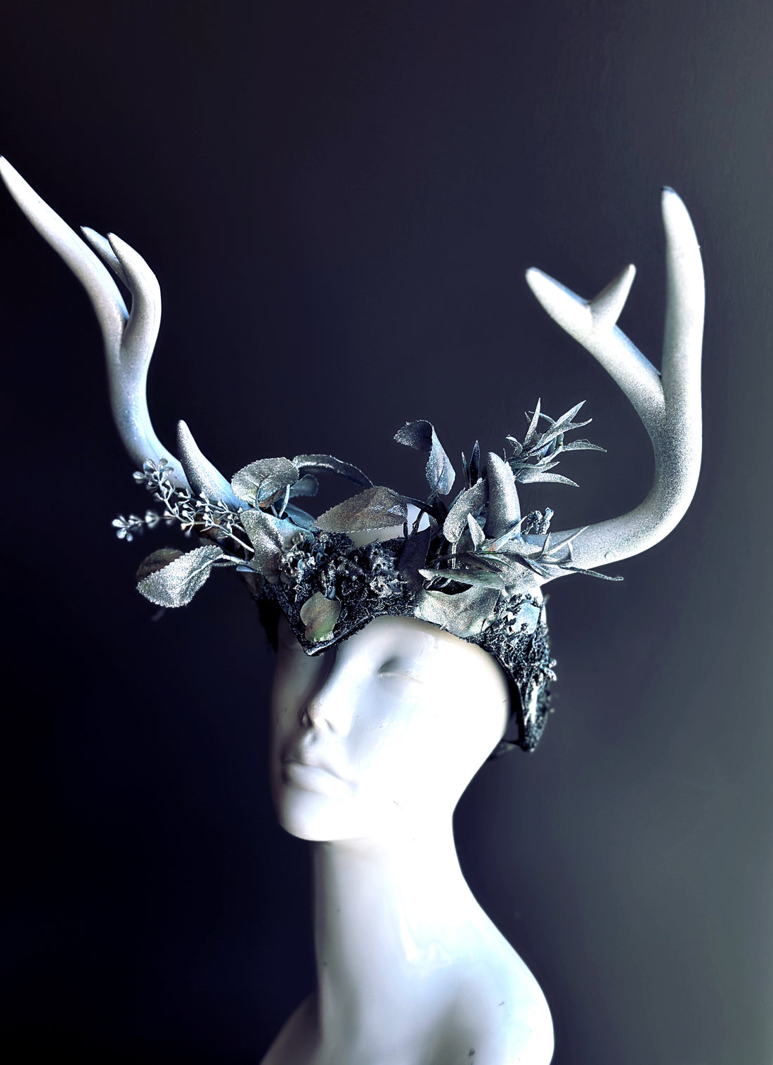 Winter Frost silver antler headdress with frosted woodland leaves, fantasy crown for Yule and masquerade.