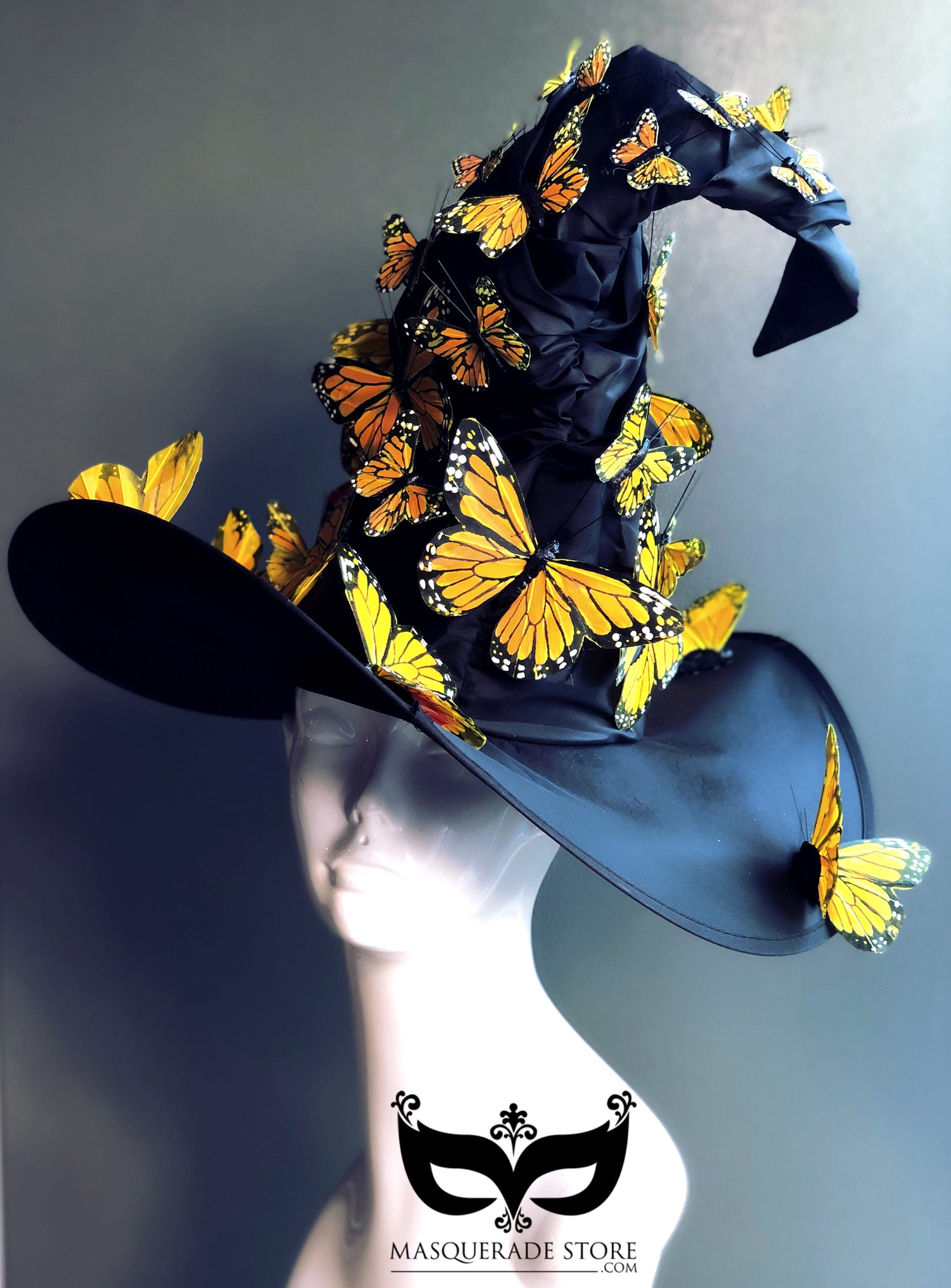 Black witch hat with orange butterflies.