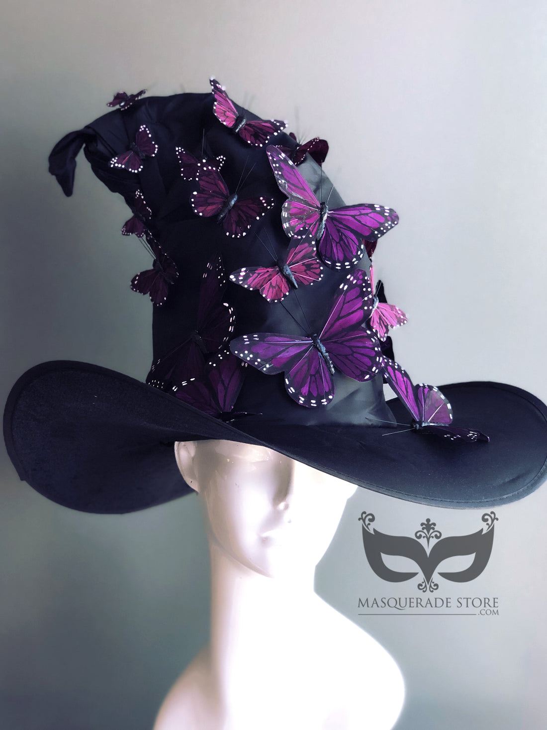 Black witch hat with purple butterflies.