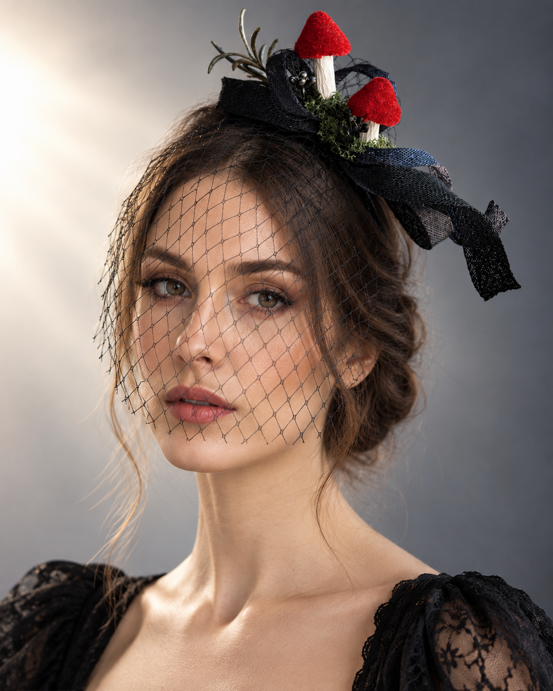 Witchwood Mushroom Fascinator with red toadstool mushrooms, black birdcage veil, woodland moss, and black ribbon.