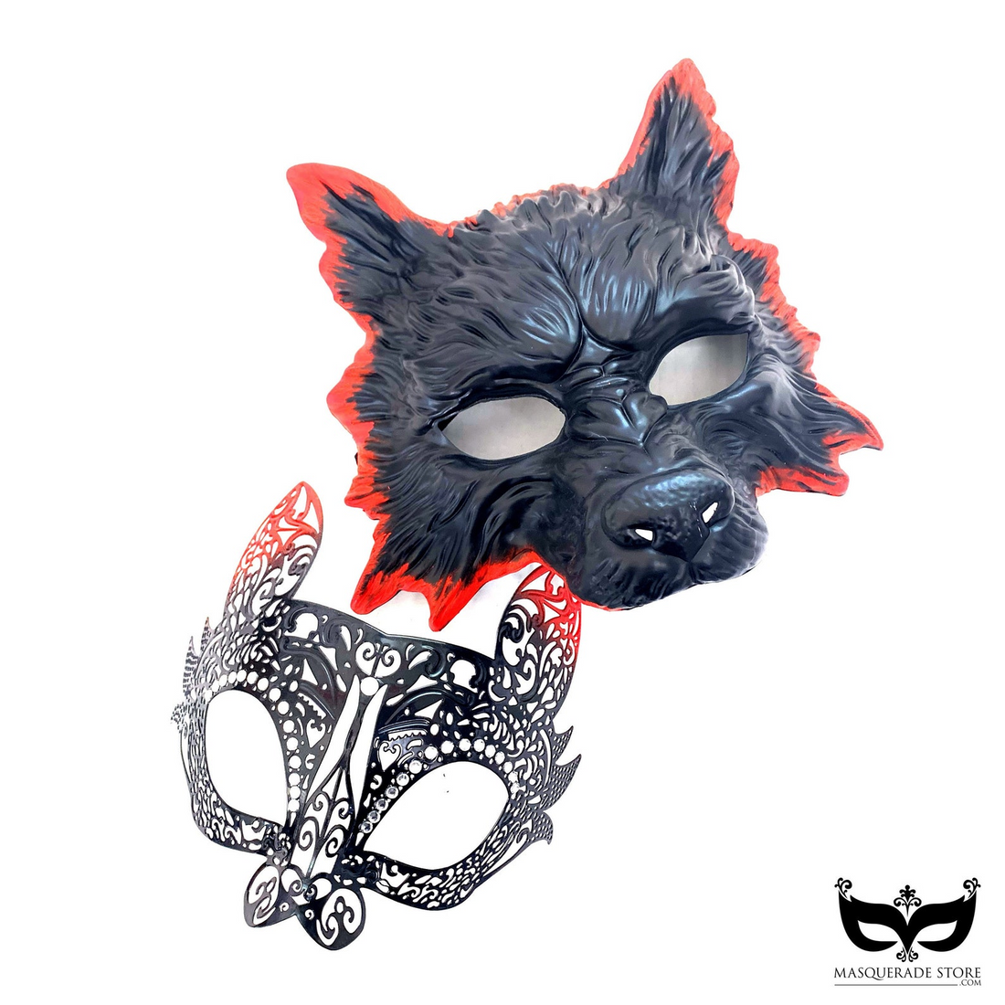 Couple’s masquerade mask set with a men’s black wolf mask with red accents and a women’s lace bunny mask with scrollwork details.