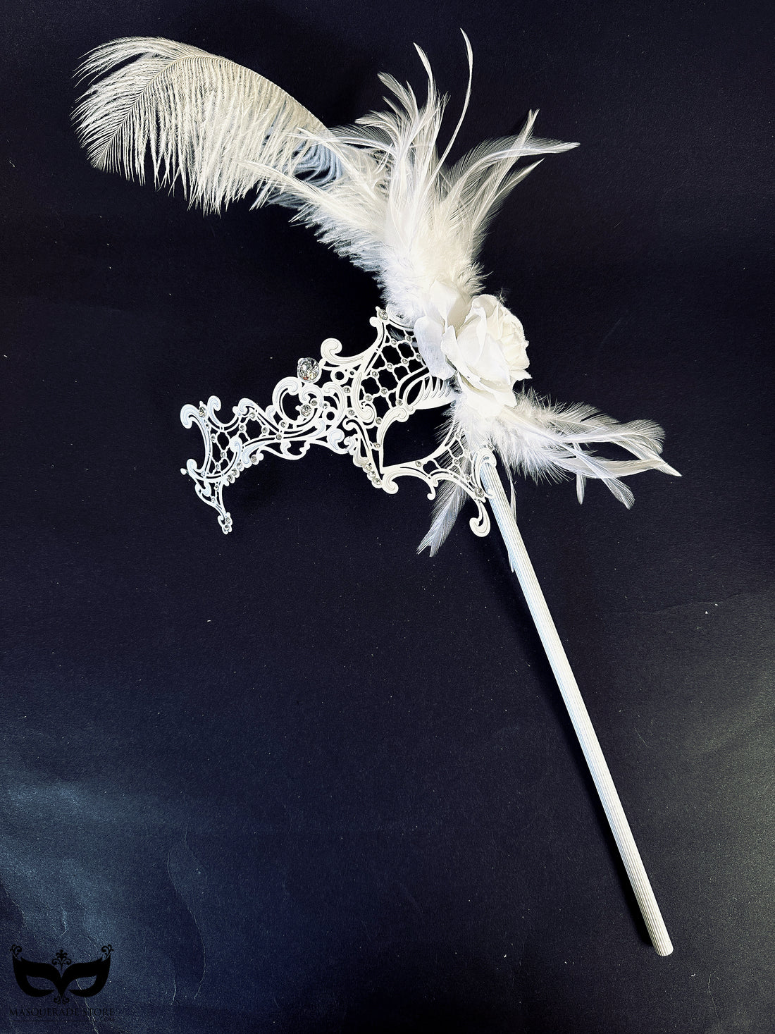 White metal mask with crystals and feather detailing for wedding and venetian masquerade balls
