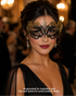 Black and gold metal masquerade mask with ornate Venetian-style filigree scrollwork, rhinestone accents, crown center detail, and ribbon ties.
