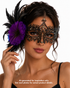Black purple feather masquerade mask with ornate Venetian-style filigree, crystal rhinestone accents, tall black feathers, and amethyst flower detail.