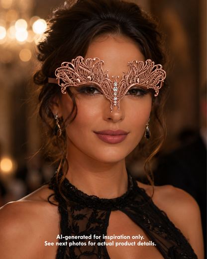 Blush bronze lace masquerade mask with ornate openwork embroidery, crystal rhinestone center accents, and satin ribbon ties for ballroom and formal events.