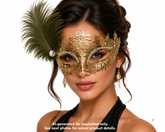 Gold feather masquerade mask with ornate Venetian-style filigree, rhinestone accents, and side plume detail for gala and formal events.