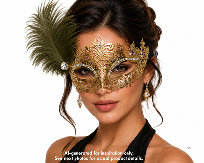 Gold feather masquerade mask with ornate Venetian-style filigree, rhinestone accents, and side plume detail for gala and formal events.