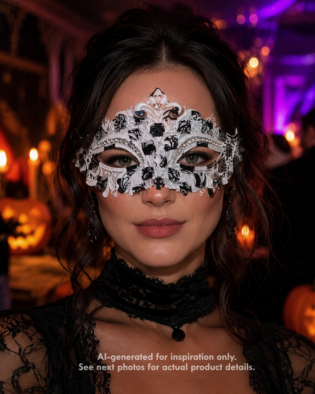 Haunted Filigree black and white metal masquerade mask with ornate open scrollwork, crystal rhinestone trim, pointed details, and Halloween styling.