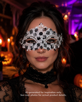 Haunted Filigree black and white metal masquerade mask with ornate open scrollwork, crystal rhinestone trim, pointed details, and Halloween styling.