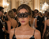 Noir Arabella black crystal masquerade mask with ornate filigree scrollwork, clear rhinestones, almond eye openings, and ribbon ties.