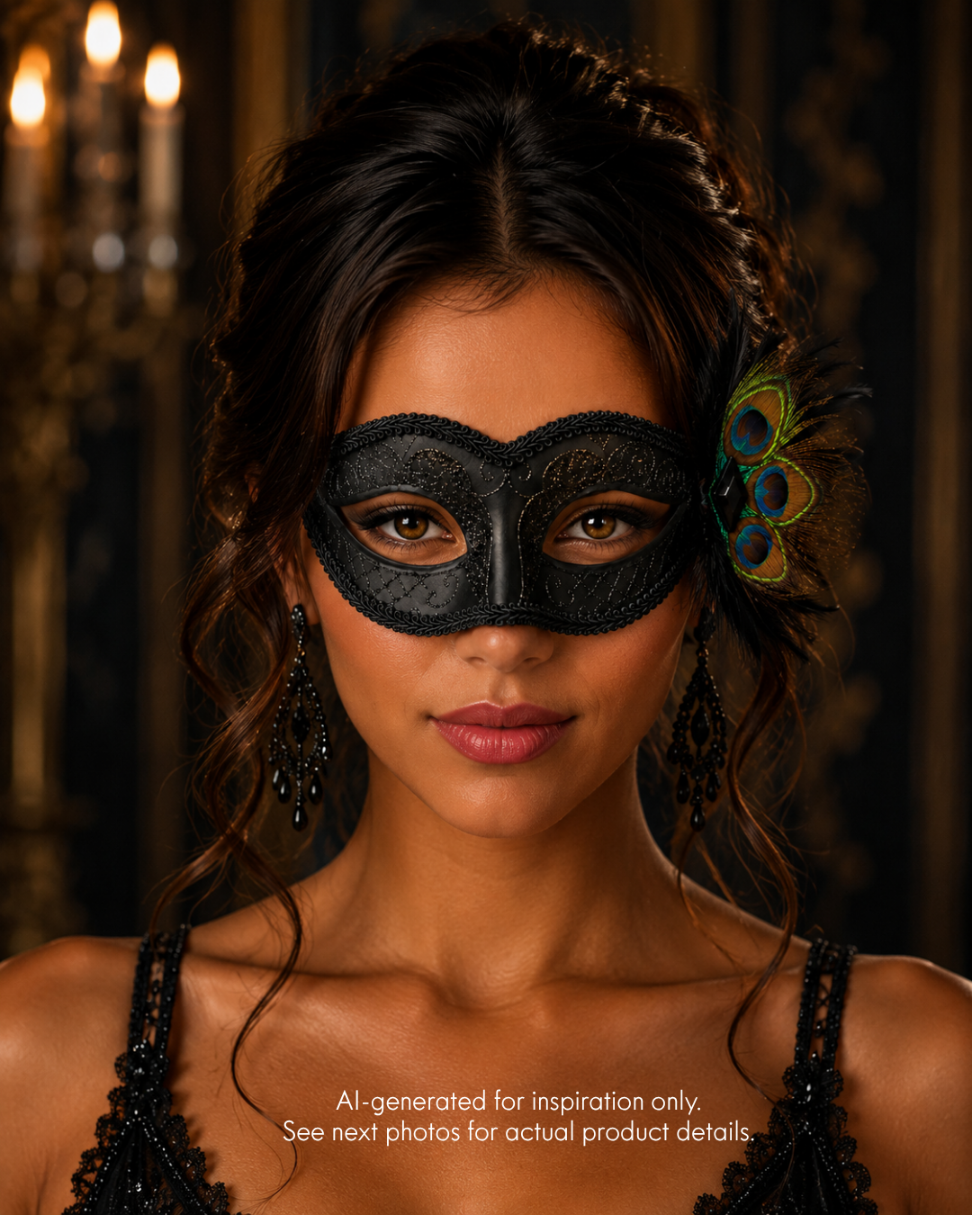 Black peacock feather masquerade mask with tonal glitter scrollwork, braided trim, black crystal accent, layered feathers, and ribbon ties.