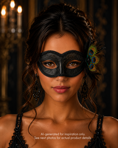 Black peacock feather masquerade mask with tonal glitter scrollwork, braided trim, black crystal accent, layered feathers, and ribbon ties.