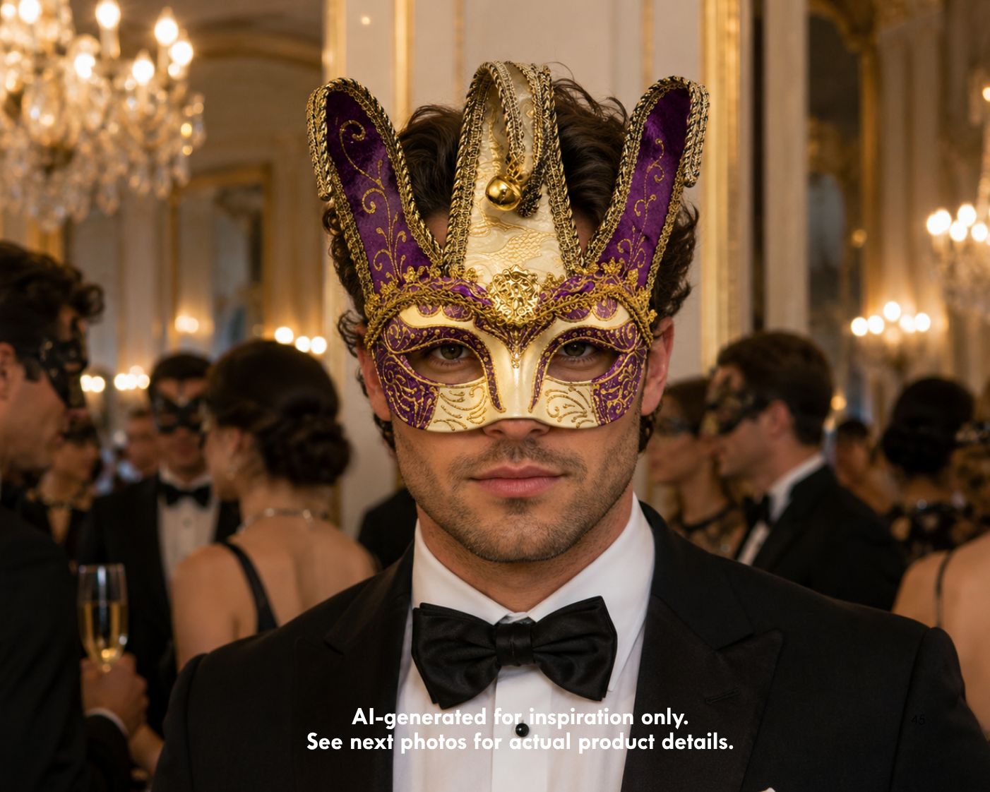 Purple, gold, and ivory jester masquerade mask with three-point harlequin crown, ornate scroll patterns, braided trim, and gold bell.