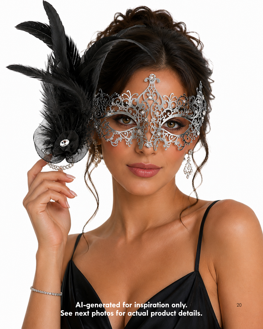 Silver black feather masquerade mask with ornate filigree scrollwork, crystal accents, and a dramatic black feather fascinator for formal gala events.