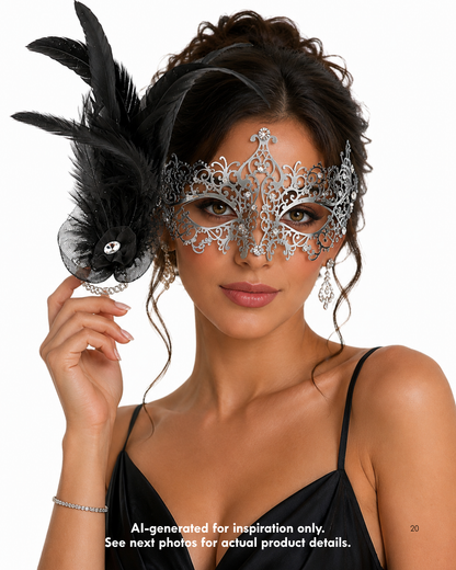 Silver black feather masquerade mask with ornate filigree scrollwork, crystal accents, and a dramatic black feather fascinator for formal gala events.