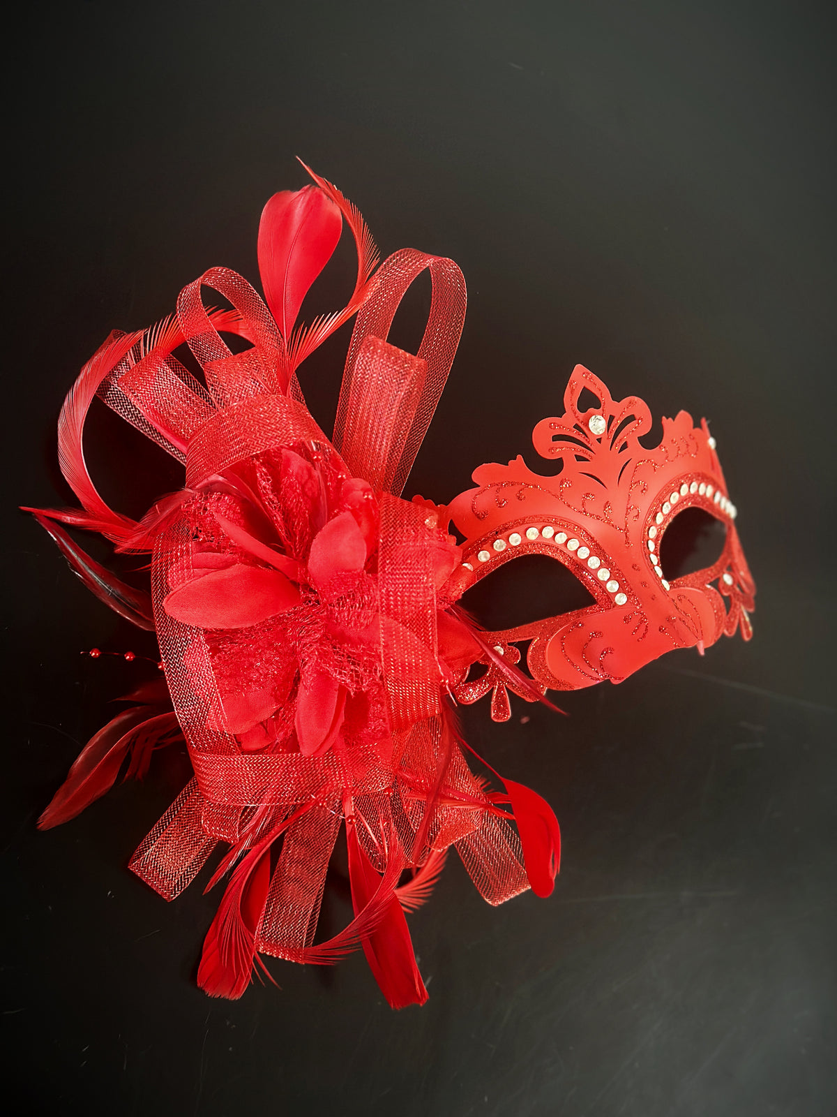 Women's Masquerade Mask Feather Crystals Red | Masquerade Store