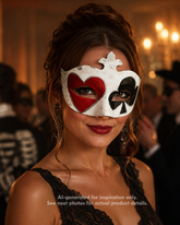 Harlequin Royale women’s casino mask with aged ivory-white base, red heart eye detail, black club accent, raised crest, and distressed masquerade styling.