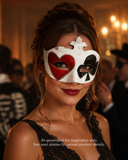 Harlequin Royale women’s casino mask with aged ivory-white base, red heart eye detail, black club accent, raised crest, and distressed masquerade styling.
