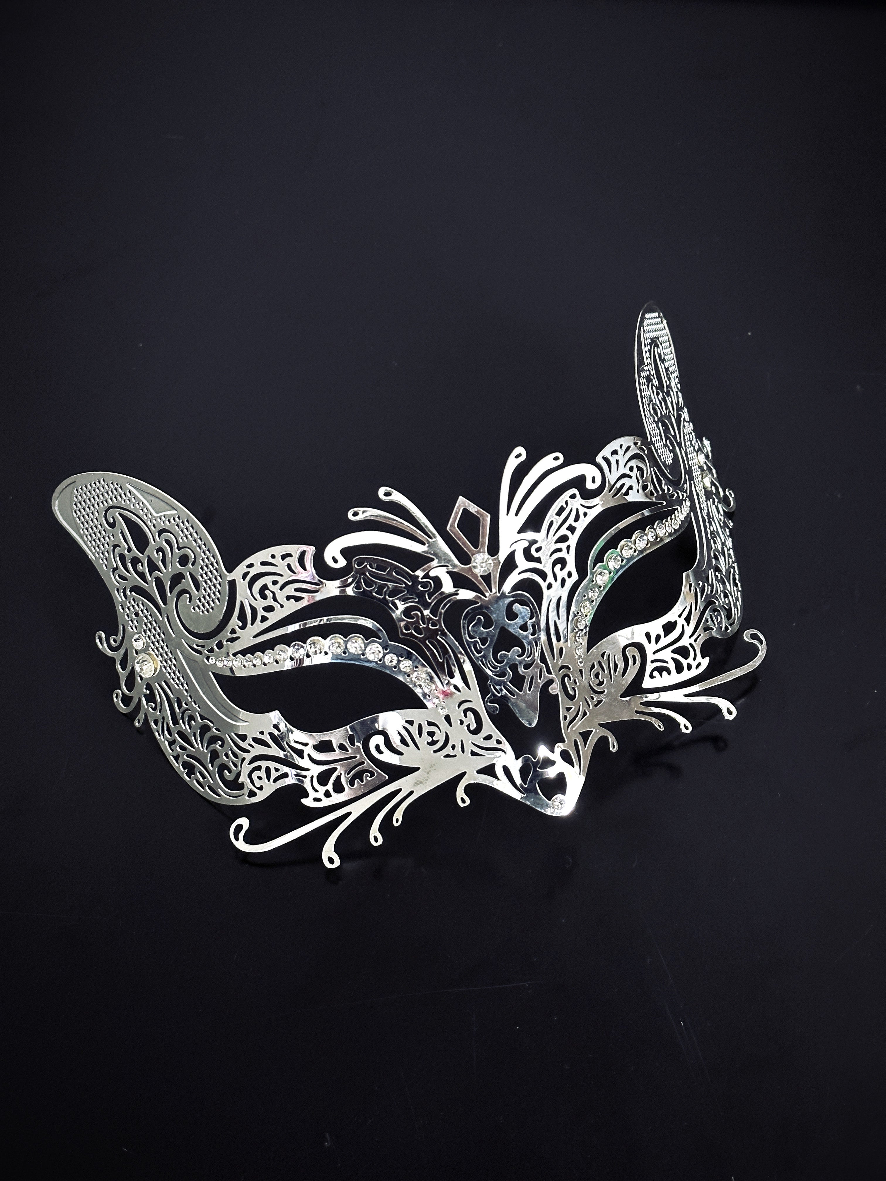 Womens fox masquerade mask in silver metal with rhinestones for sale.