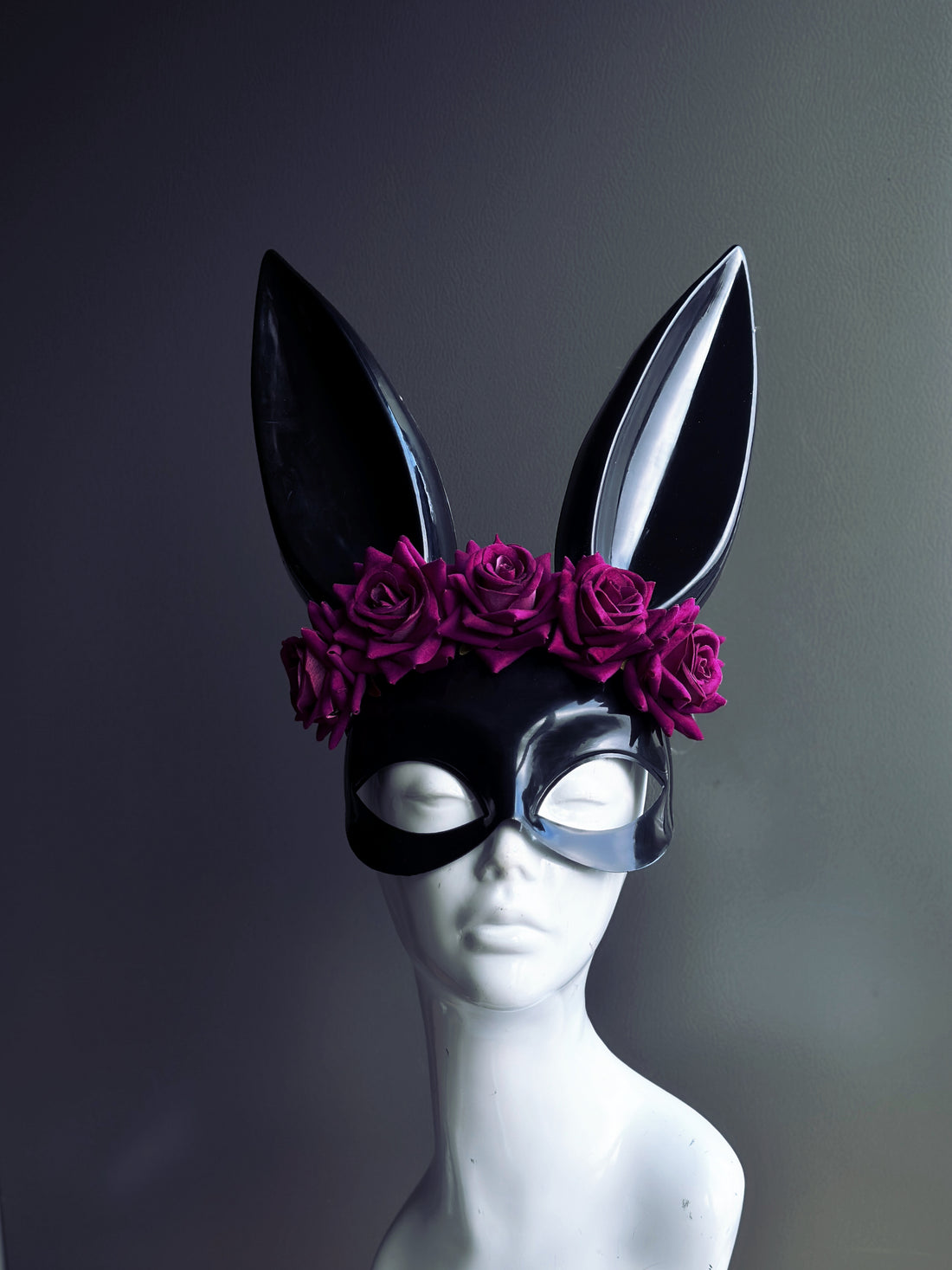 Womens black bunny masquerade mask with purple roses for sale.