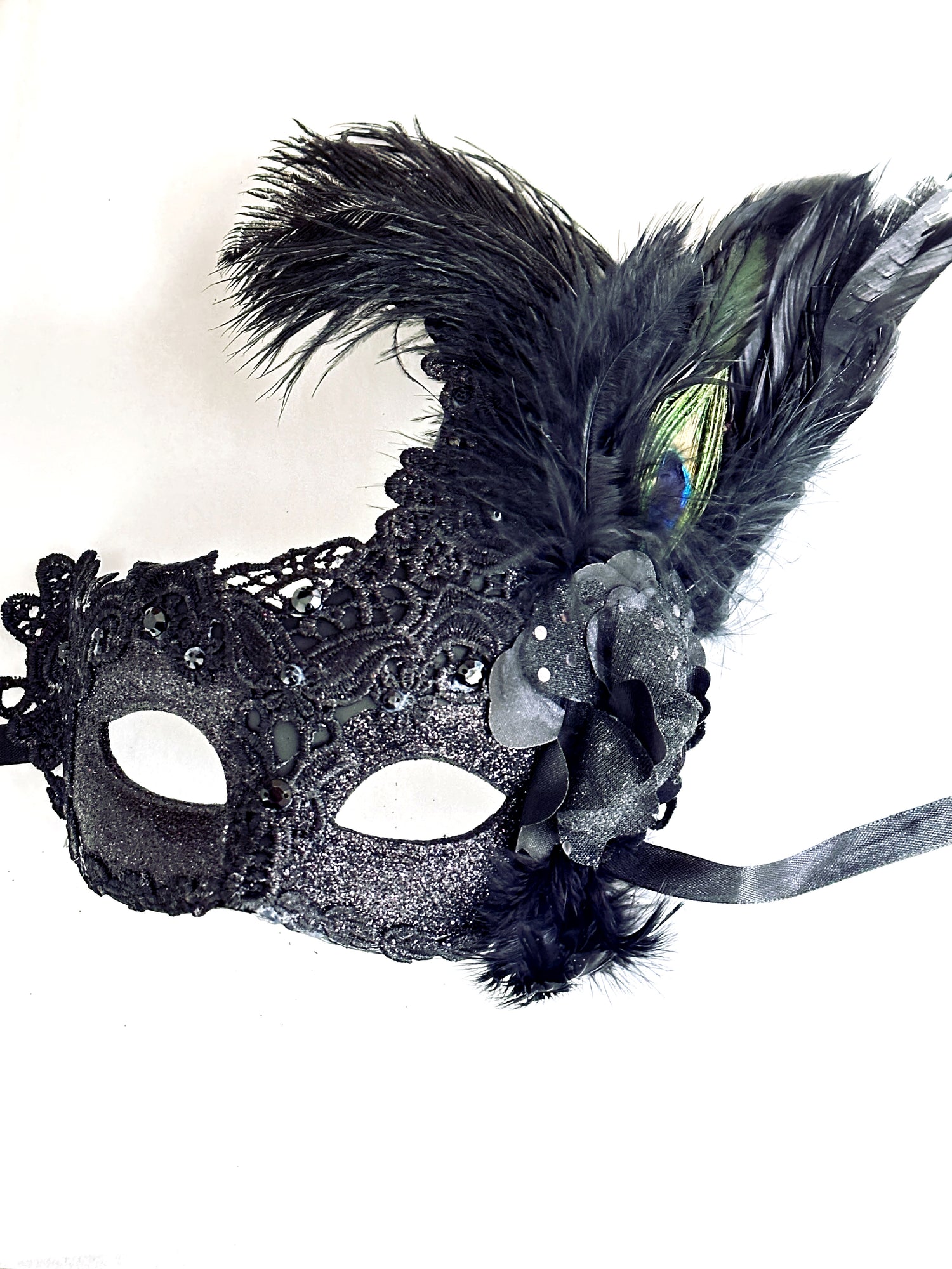 Womens masquerade mask in black with feathers.