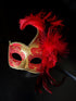 Womens Venetian feather mask in gold and red.