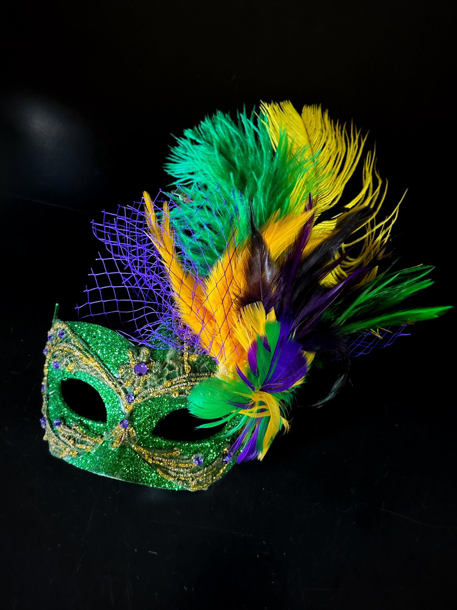 Womens Masquerade Mask Feathers Mardi Gras Green Gold Masquerade Store