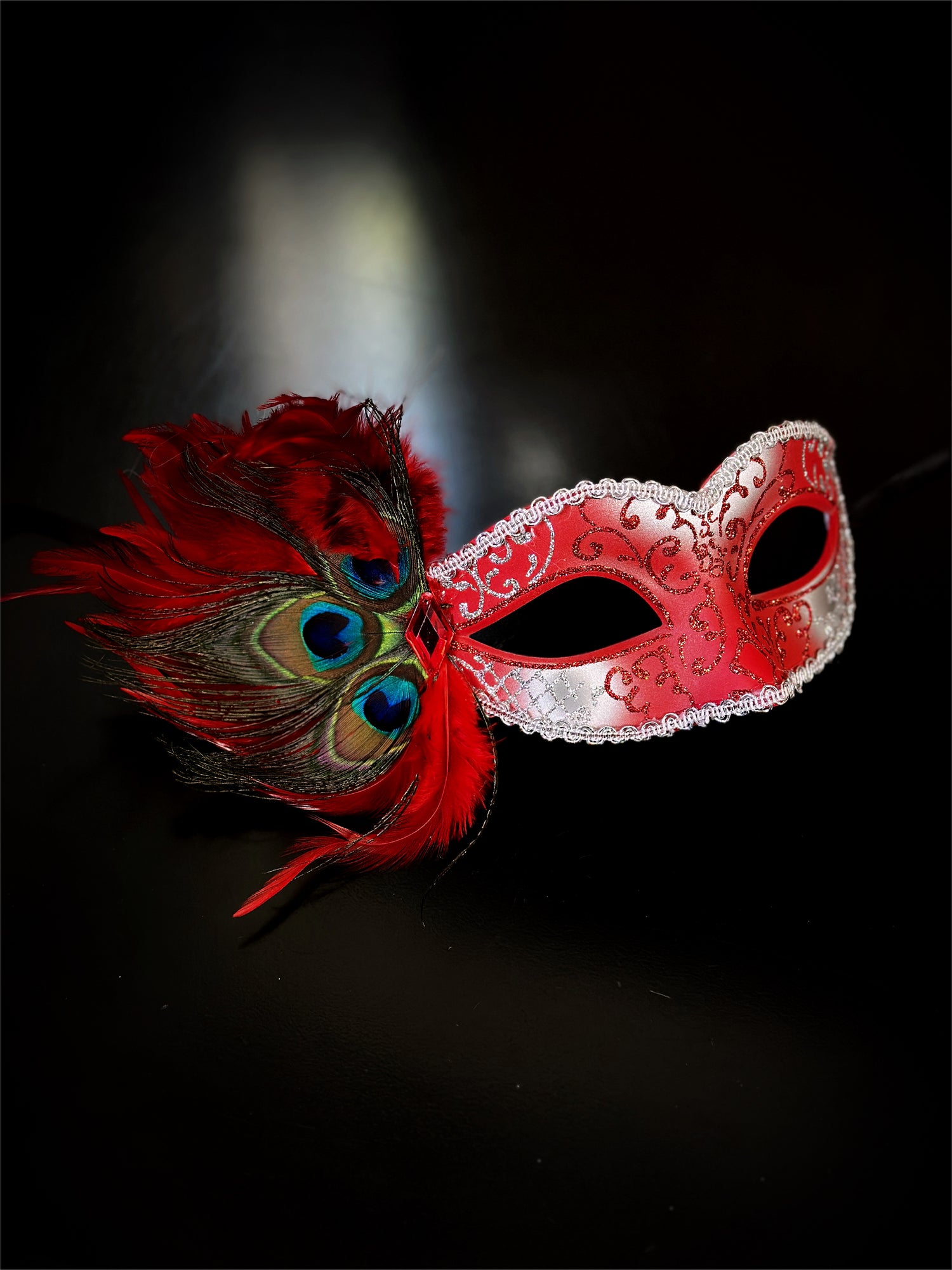 Peacock Mask - Red/Silver