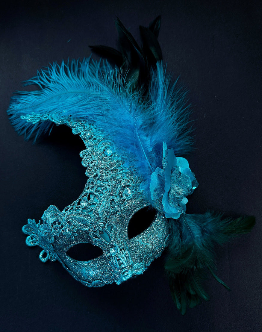 Womens masquerade mask with feathers in turquoise.
