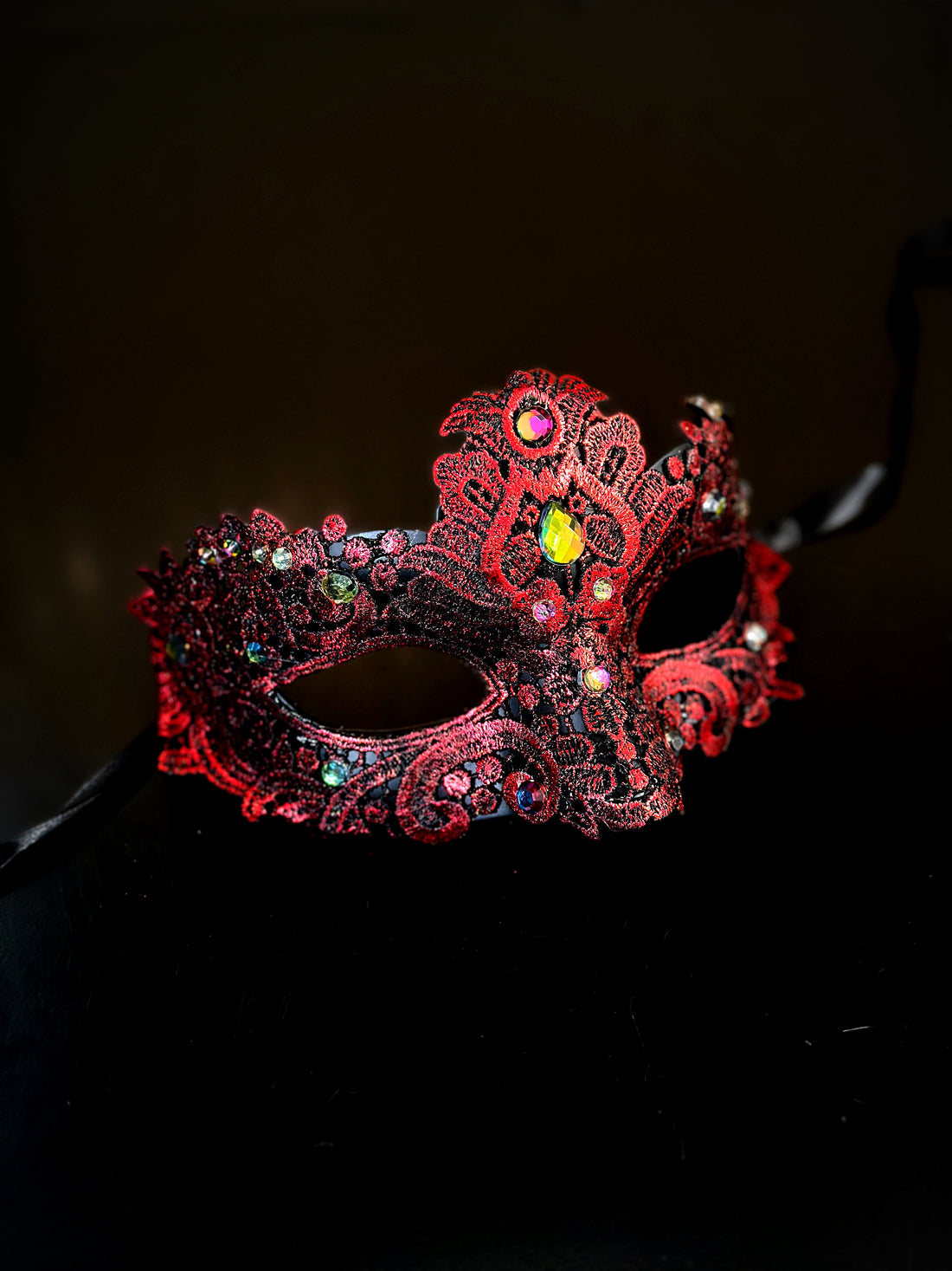 Womens lace brocade masquerade mask in dark red with gems.