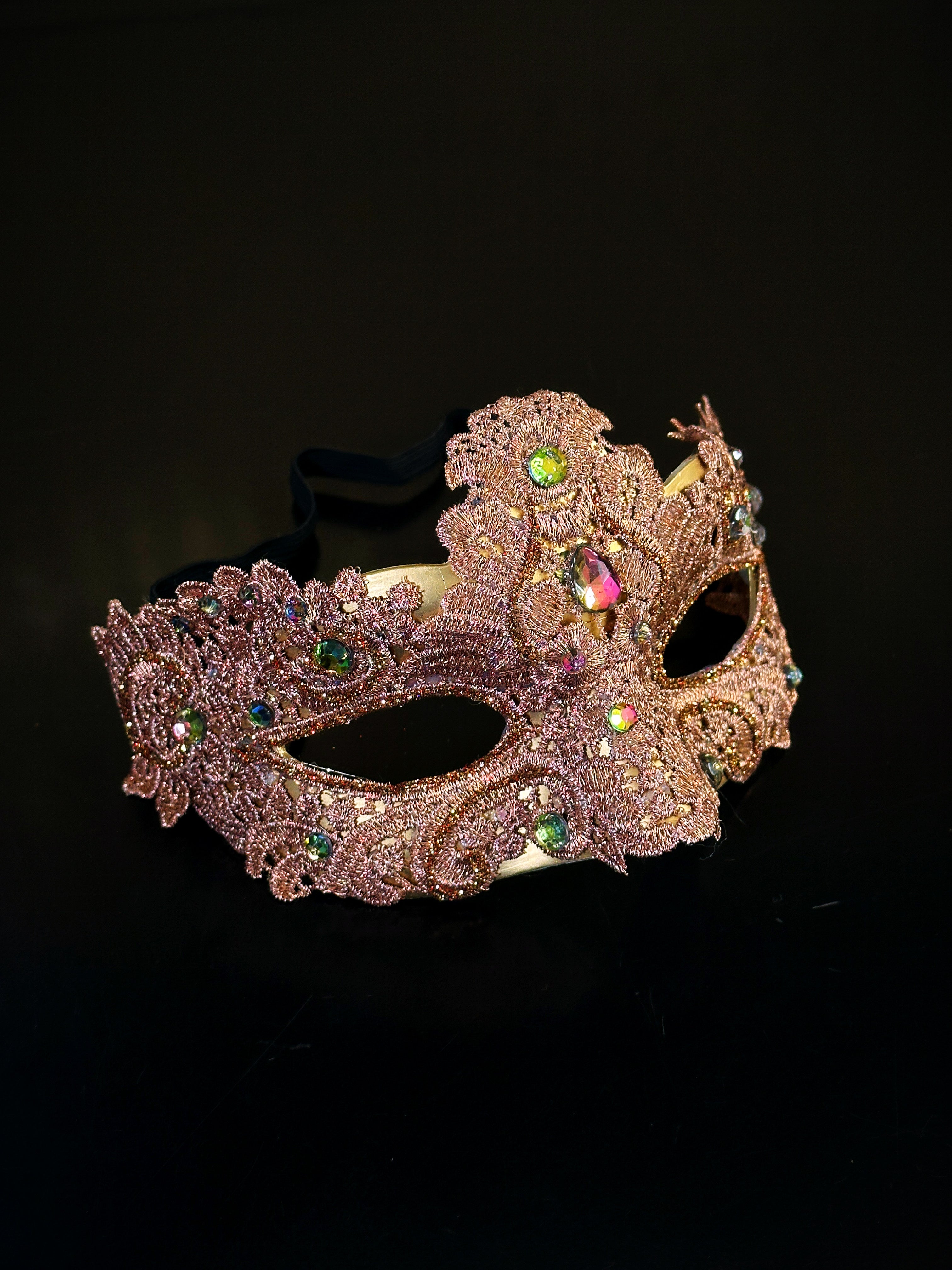 Womens masquerade mask brocade lace style in rose gold with gems.