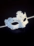Womens lace brocade masquerade mask in white with clear gems.