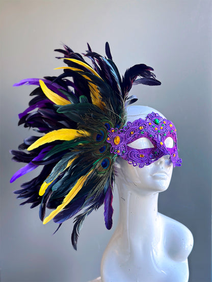 Womens Masquerade Mask Mardi Gras Feathers Purple