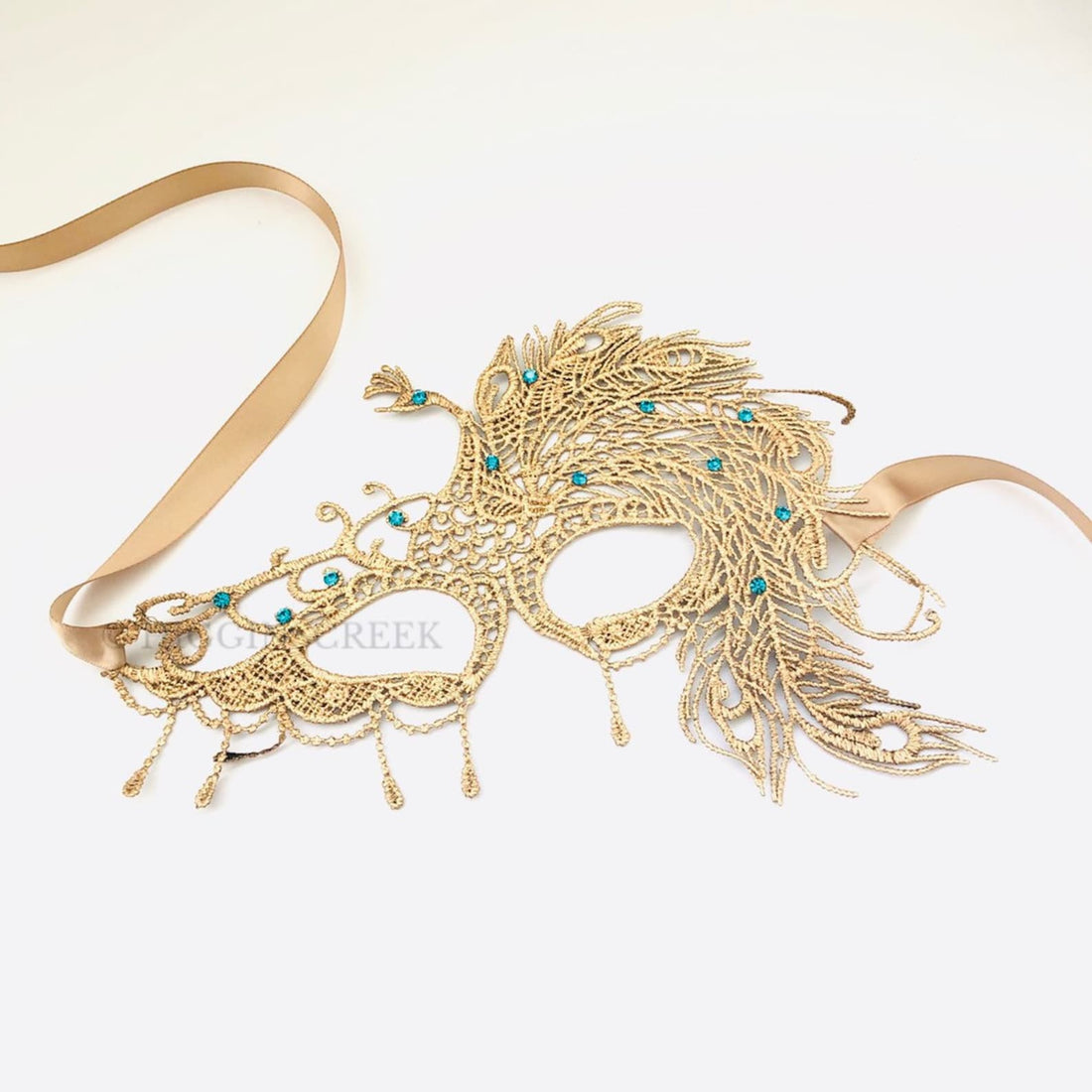 Peacock Mask With Turquoise Rhinestones - Gold