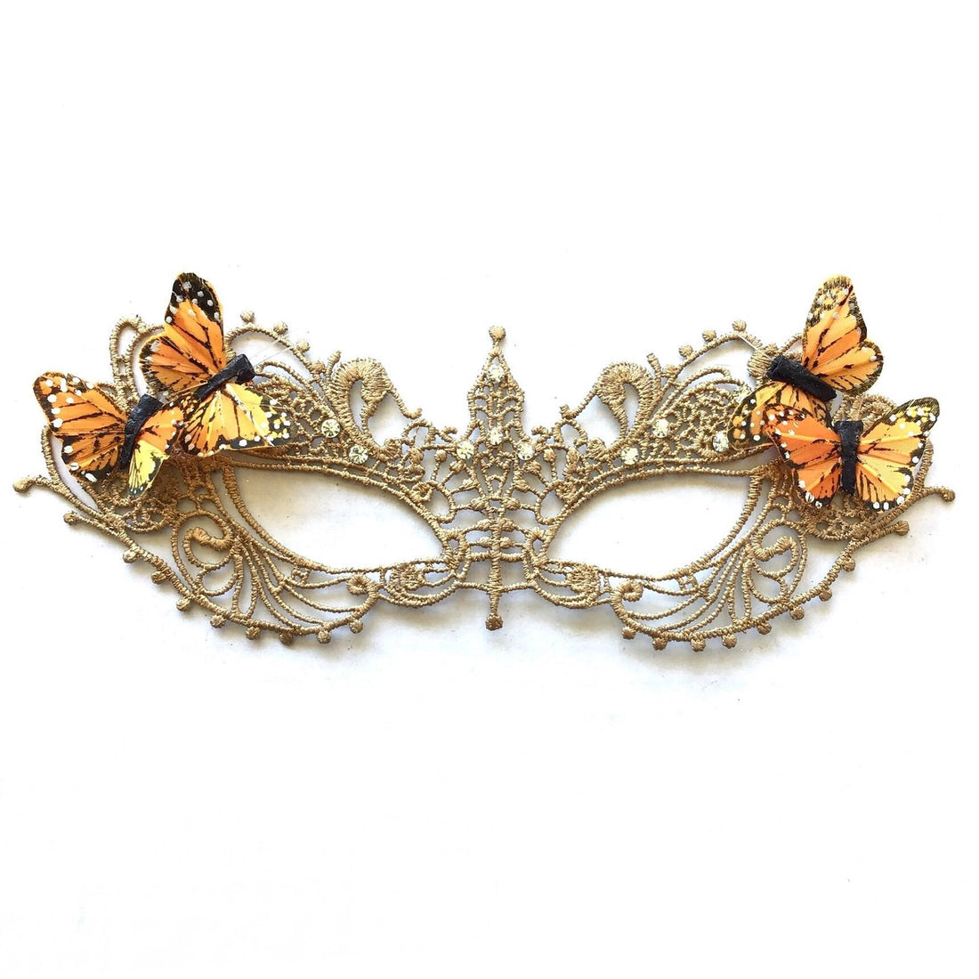 Womens orange butterfly lace masquerade mask gold for sale.