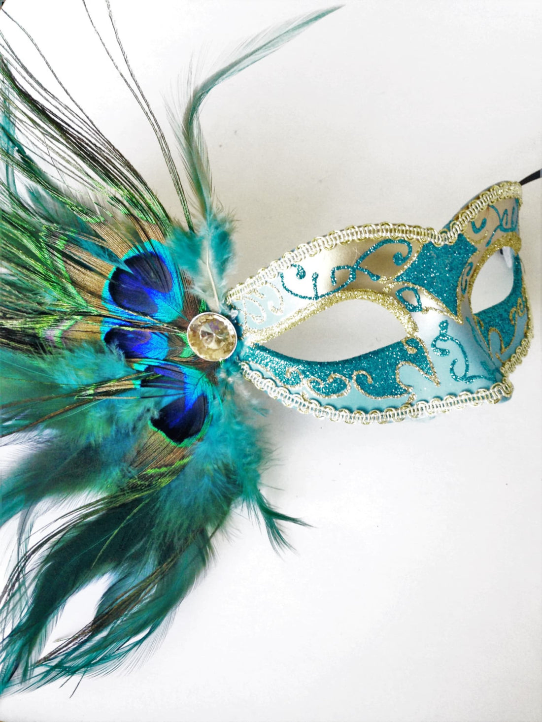Womens peacock feather masquerade mask in turquoise for sale.
