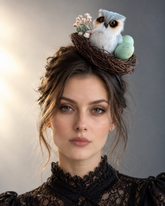 Woodland Owl Nest Fascinator featuring a fluffy white and gray owl, two pastel green speckled eggs, brown twig nest, cream flowers, and black headband.