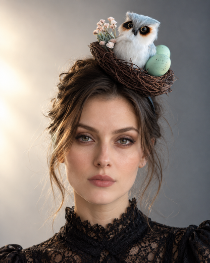Woodland Owl Nest Fascinator featuring a fluffy white and gray owl, two pastel green speckled eggs, brown twig nest, cream flowers, and black headband.