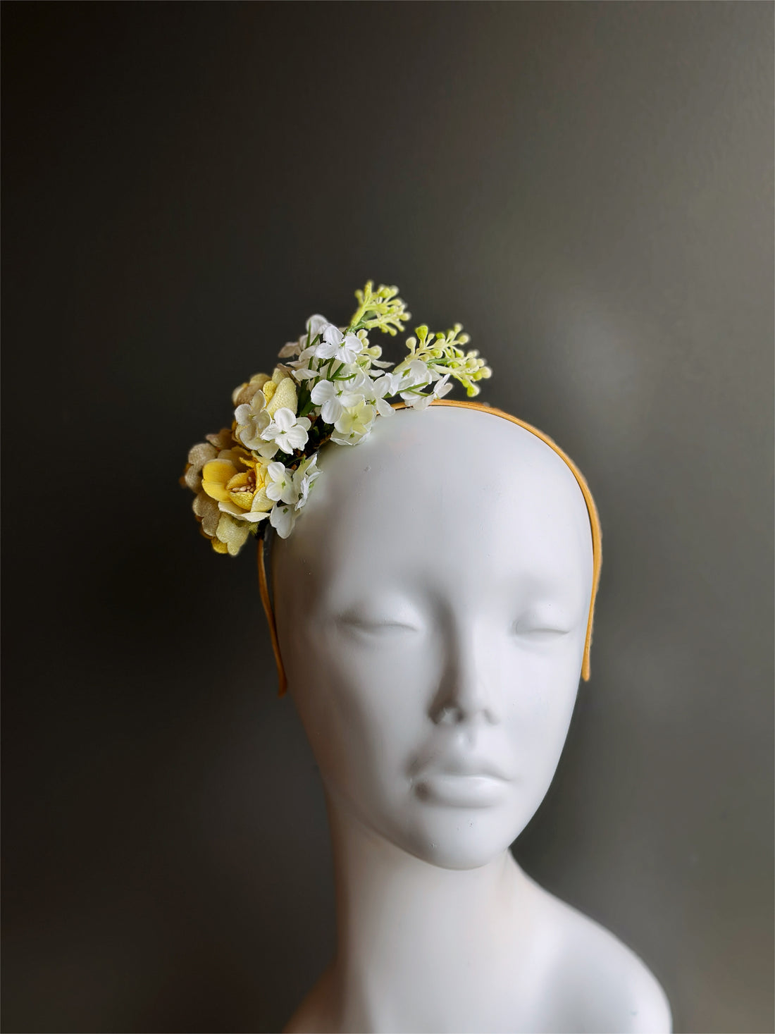 Elegant yellow and white bouquet fascinator hat with floral cluster design, perfect for weddings, tea parties, garden parties, and derby events.